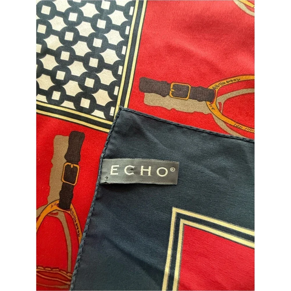 ECHO 100% Silk Equestrian Scarf 33” Red Navy Gold English Stirrup